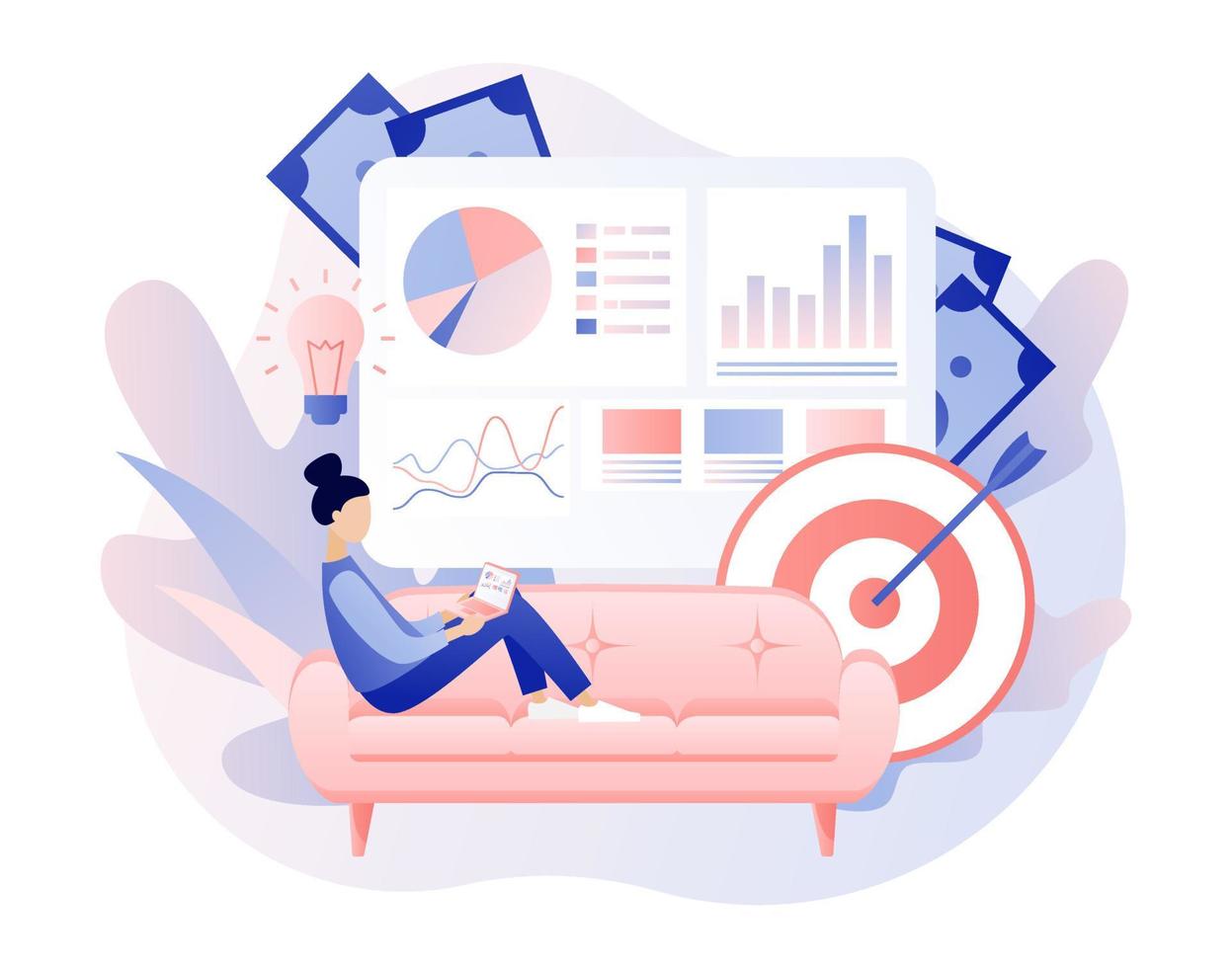 Online business concept. Freelance girl. Woman sitting on the sofa works with laptop. Global cooperation on the Internet. Modern flat cartoon style. Vector illustration on white background