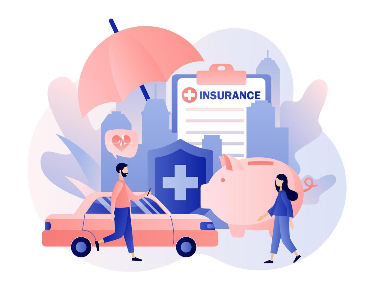 Insurance concept. Property and health insurance. Healthcare, finance and medical service. Modern flat cartoon style. Vector illustration on white background