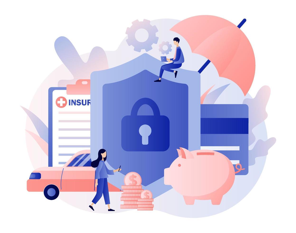 Insurance concept. Property and health insurance. Healthcare, finance and medical service. Modern flat cartoon style. Vector illustration on white background