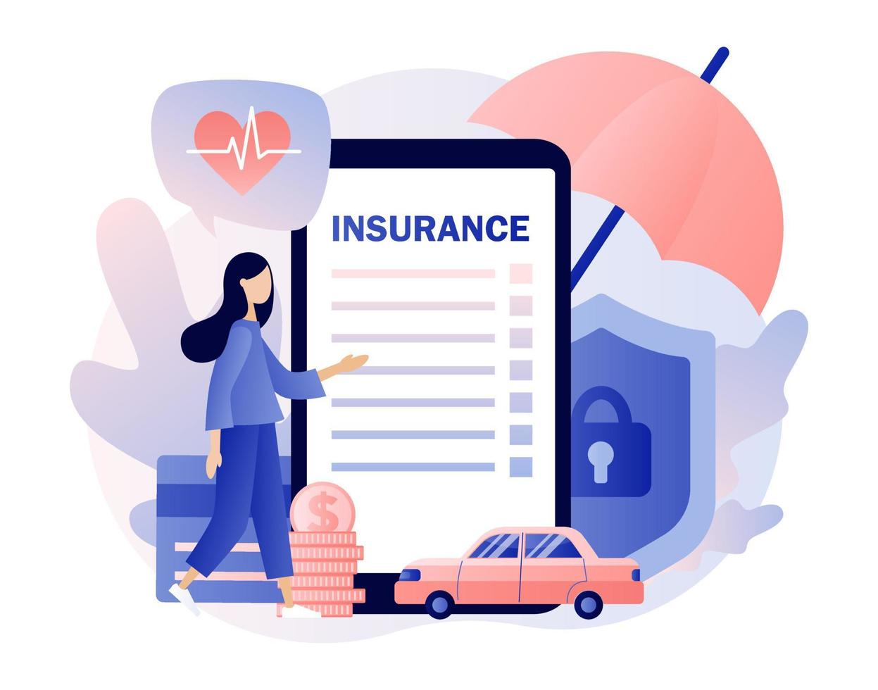 Insurance concept. Property and health insurance. Healthcare, finance and medical service. Modern flat cartoon style. Vector illustration on white background