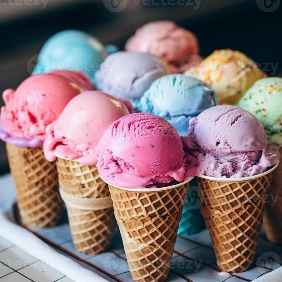 Scoops of pink, blue, purple, and green ice cream in waffle cones close up. photo
