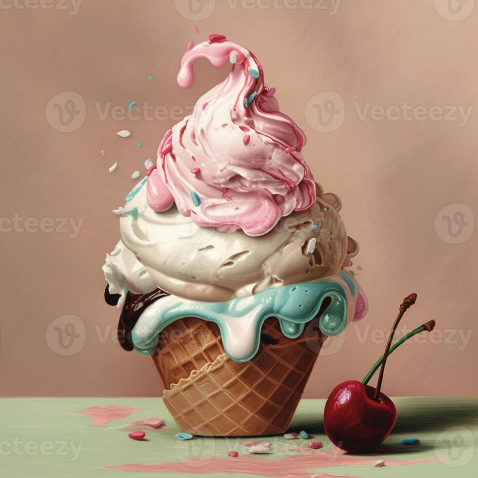 Delicious ice cream cone with sweet topping on a pastel background with splashes. photo