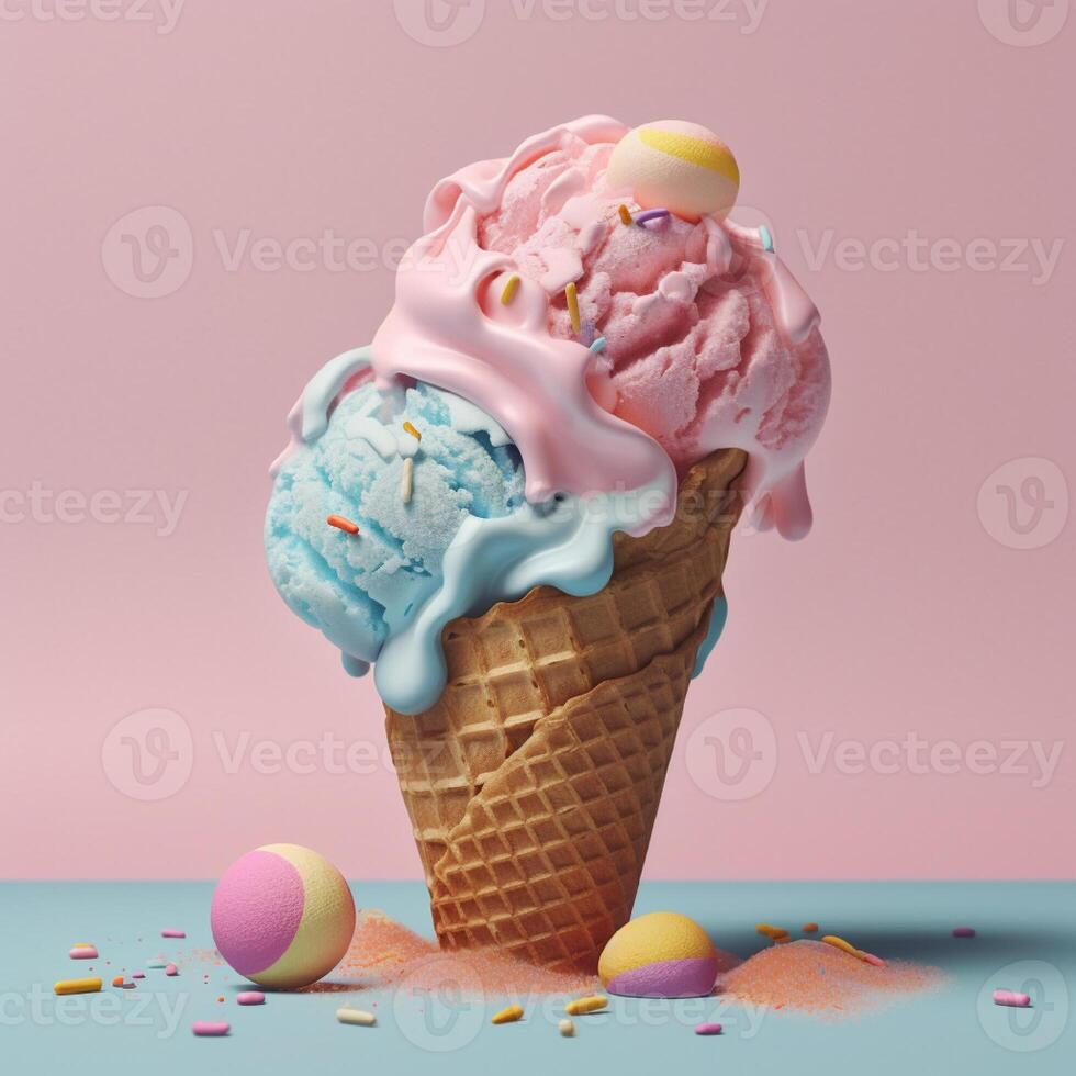 Delicious ice cream cone with sweet pink and blue topping on a pastel background. photo