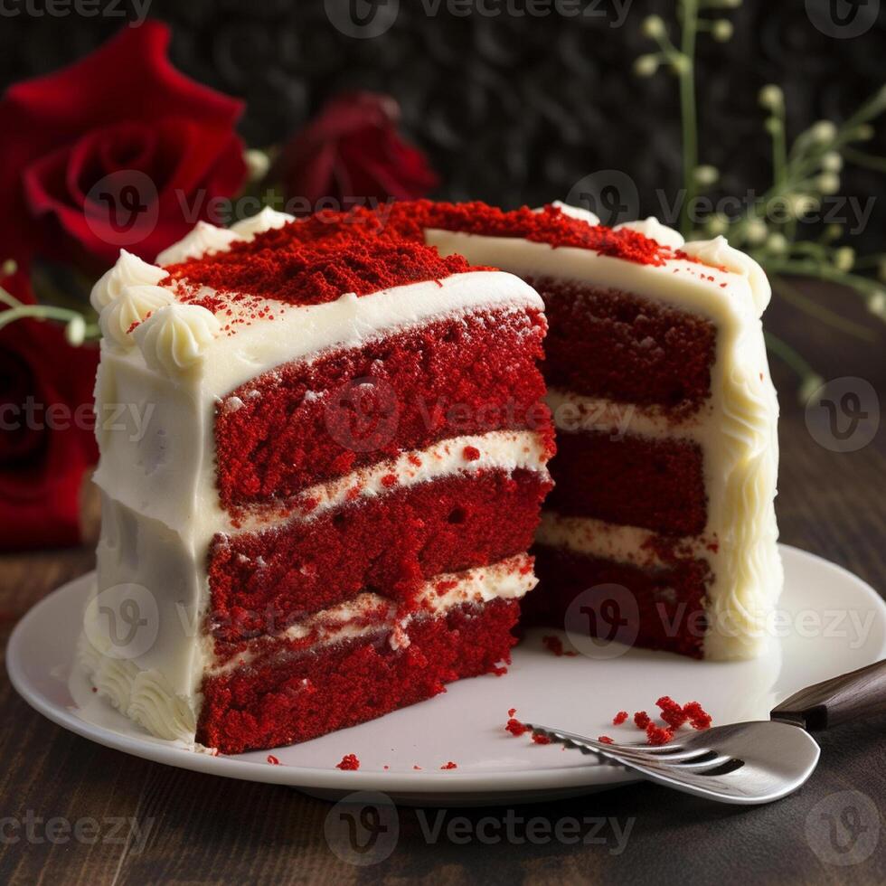 Red velvet cake, classic three layered cake from red butter sponge cakes with white cream cheese frosting, American cuisine. photo