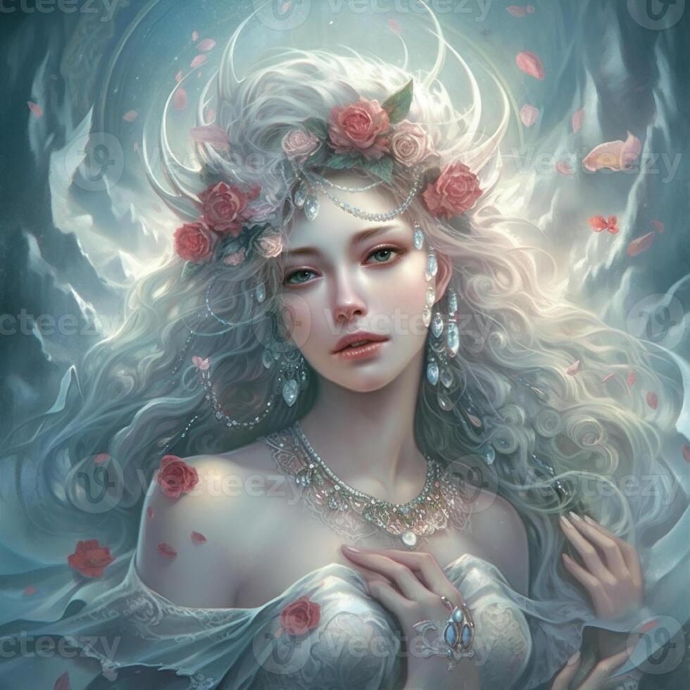 Fantasy goddess of love in flowers on blue background. Character design. . photo