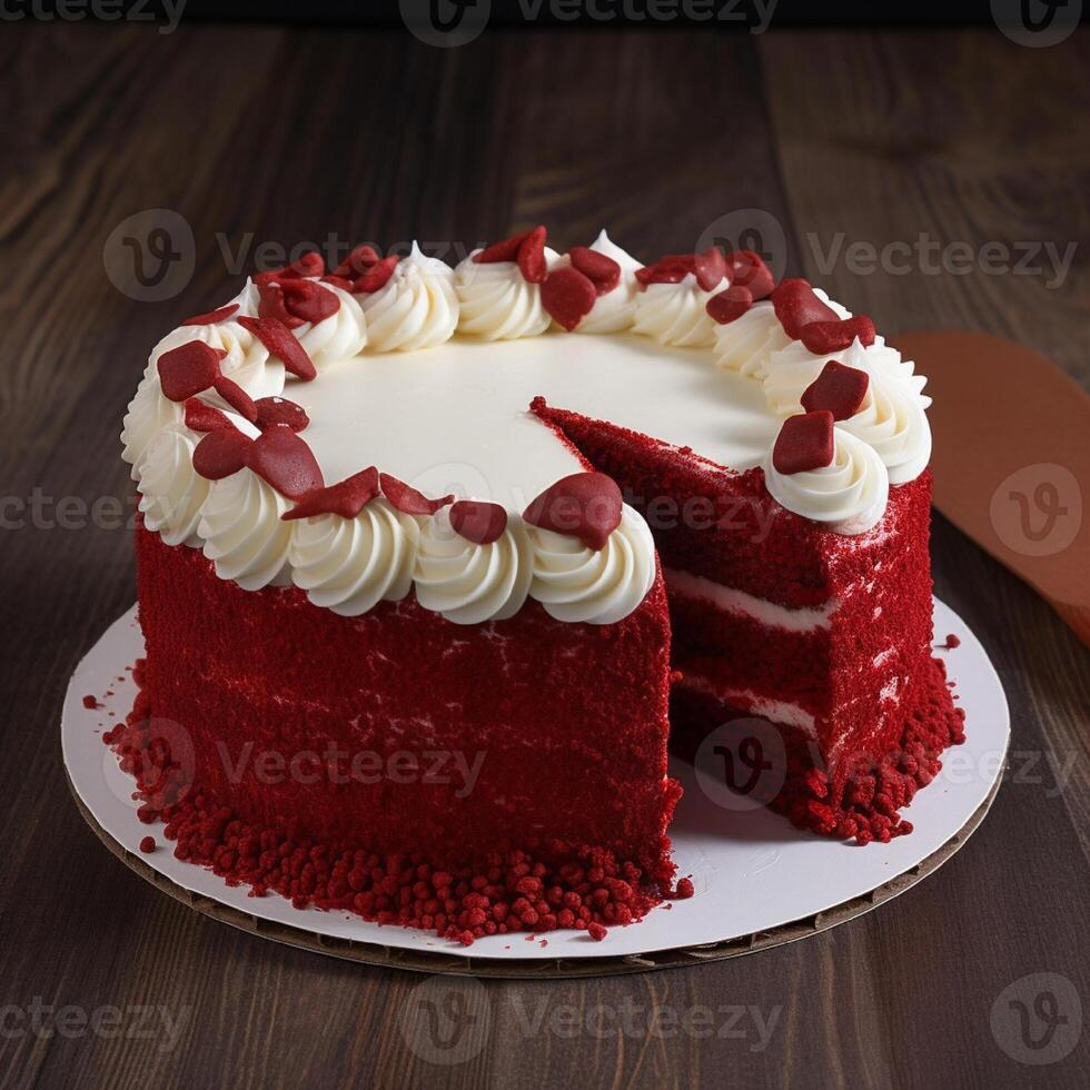 Red velvet cake, classic three layered cake from red butter sponge cakes with white cream cheese frosting, American cuisine. photo