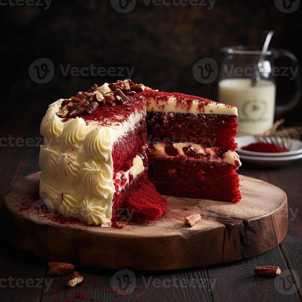 Red velvet cake, classic three layered cake from red butter sponge cakes with white cream cheese frosting, American cuisine. photo