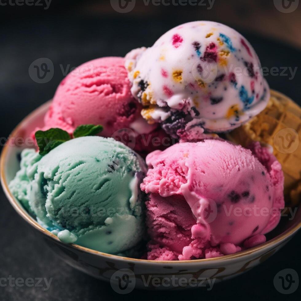 Balls of mint, strawberry and berry ice cream in a bowl close up. photo