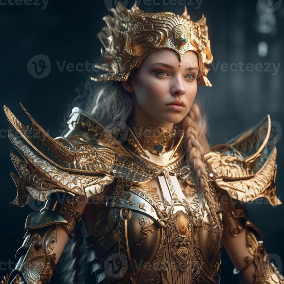 Fantasy goddess of war in an armor with a crown. Character design. . photo