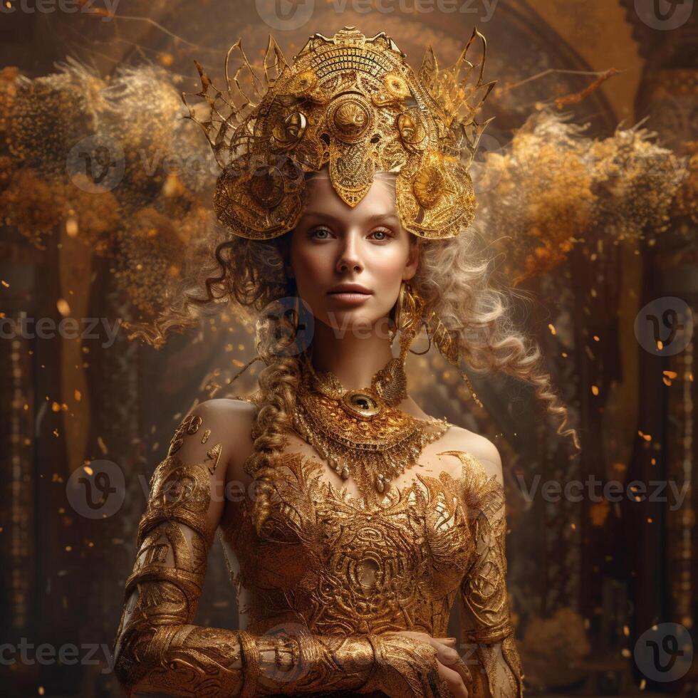 Fantasy goddess in a golden dress with a crown. Character design. . photo