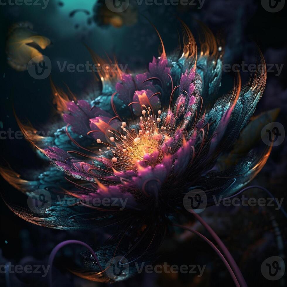 Fantasy luminous flowers with glow light. Gorgeous fantasy flower style unique flowers. photo