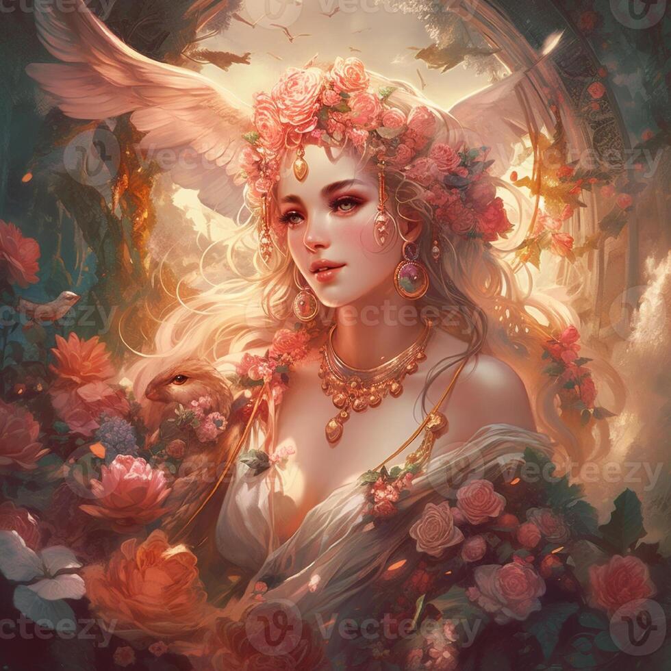 Fantasy goddess of love in flowers. Character design. . photo