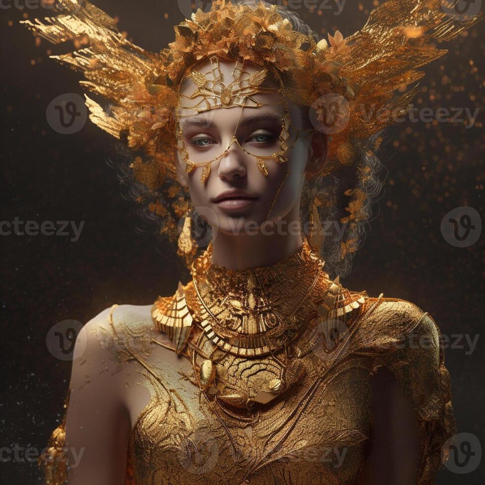 Fantasy goddess in a golden armor with a crown. Character design. . photo