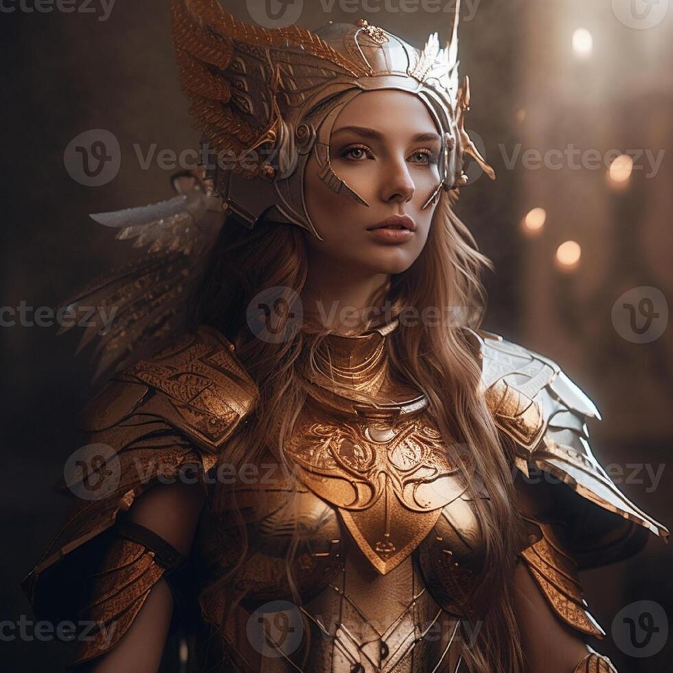 Fantasy female warrior in a golden armor with a crown. Character