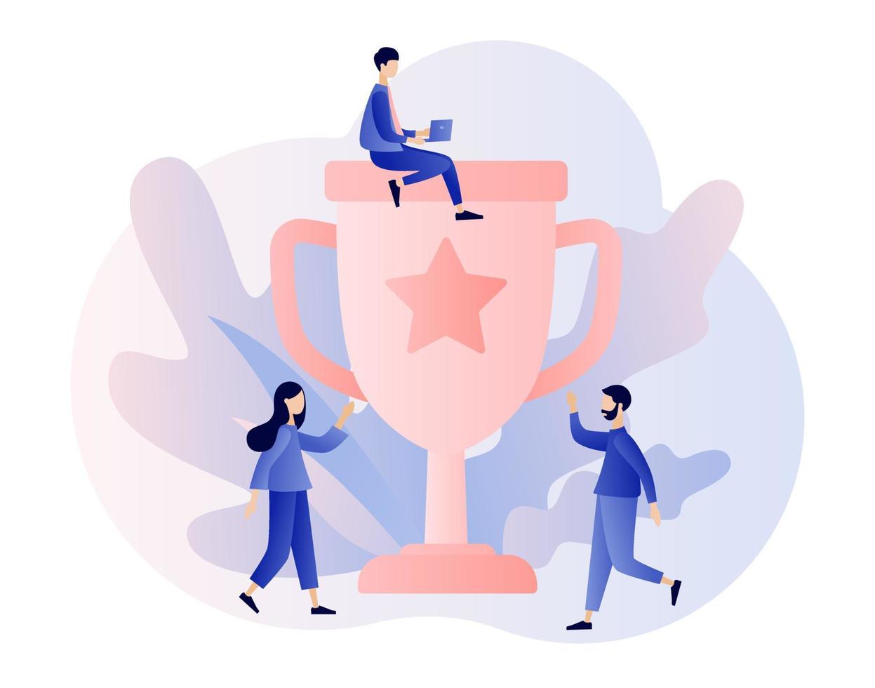 Success concept. Business Team Success, Achievement Concept. Tiny People with Prize, Cup. Modern flat cartoon style. Vector illustration on white background