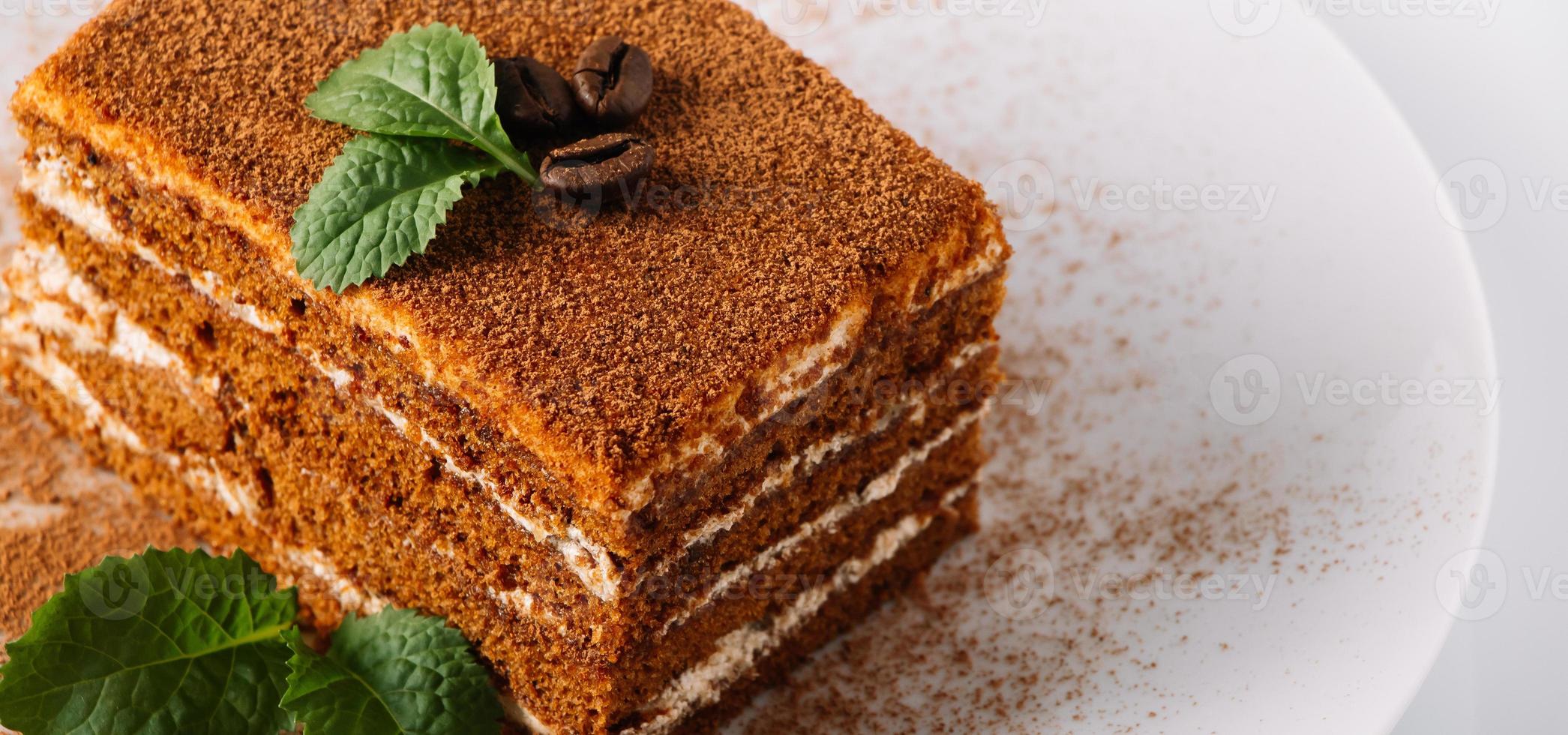 postre tiramisú decorado con menta en un plato blanco. foto