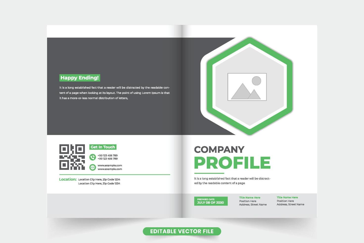 Company promotion magazine cover design with dark and green colors. Business proposal booklet and profile cover vector with photo placeholders. Corporate business portfolio and overview cover template