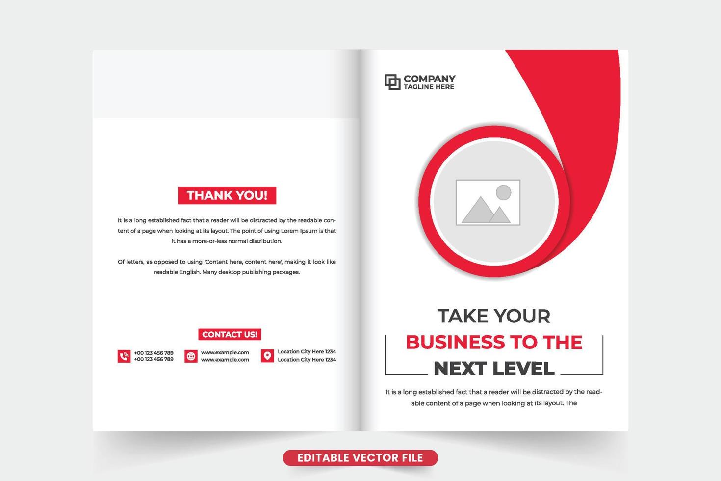 Creative business portfolio cover design with photo placeholders. Modern corporate company promotional magazine cover layout with red and dark colors. Business proposal and company overview cover. vector