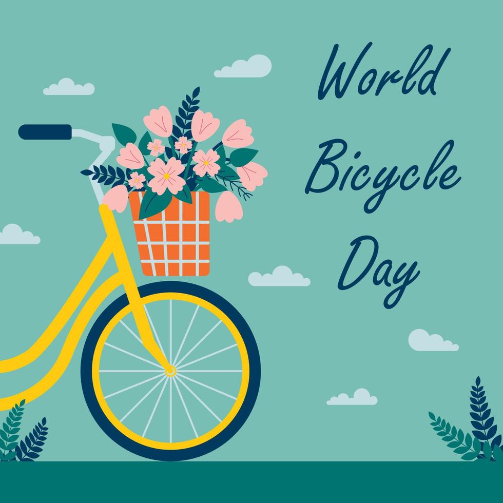 World Bicycle Day. Cute postcard with beautiful bicycle with basket of flowers. Car free day. For poster, banner, background and wallpaper. Vector illustration