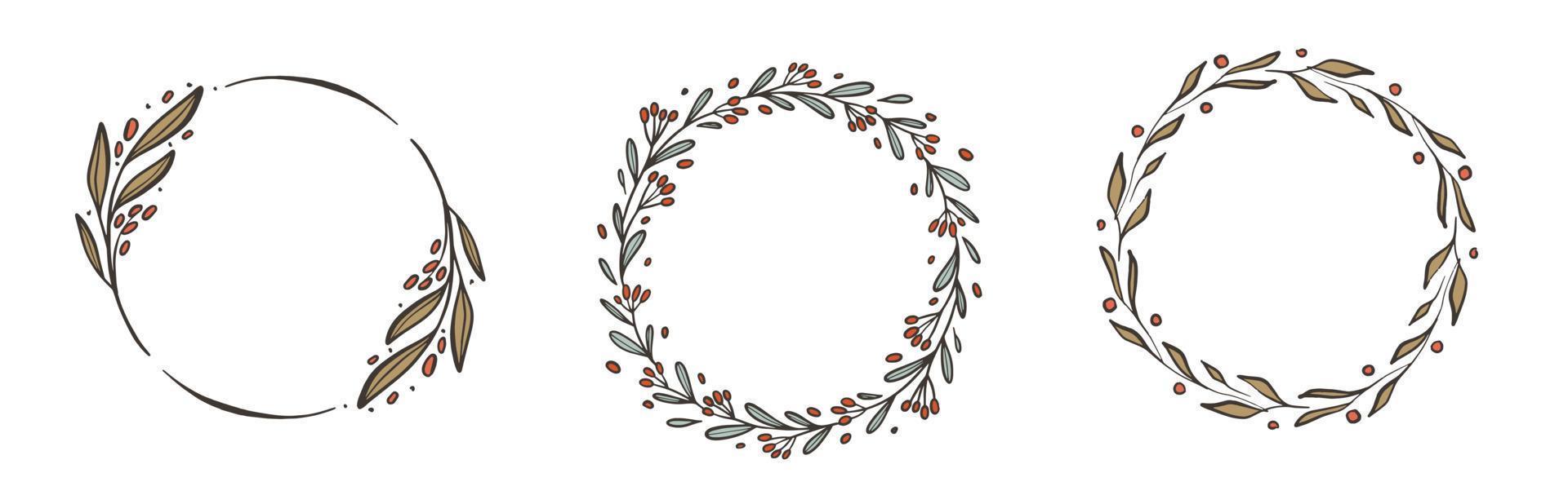 Set of  decorative Circle floral frame. Vector Wreath with branches, herbs, plants, leaves