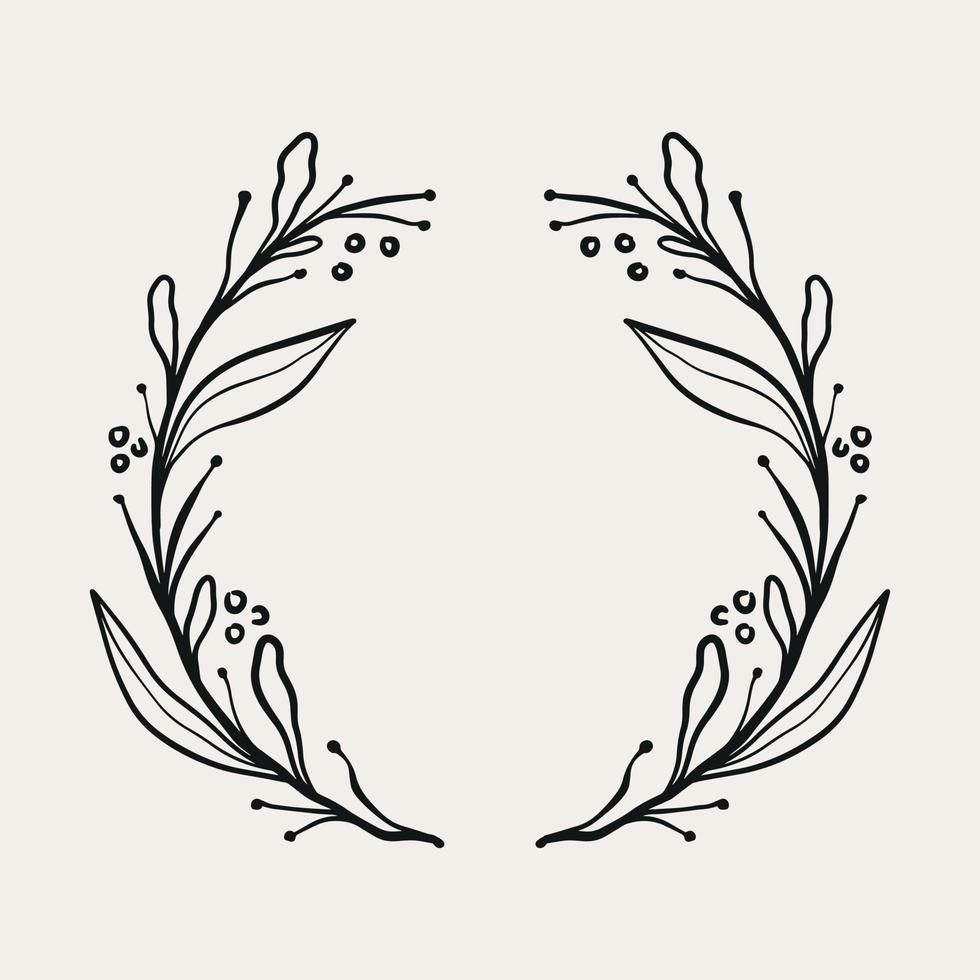Black decorative Circle floral frame. Vector Wreath with branches, herbs, plants, leaves