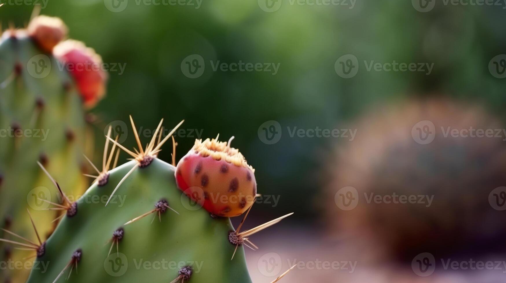 Red cactus flower fruit close up Prickly pear, Opuntia. Natural plant background, copy space, botanical and exotic food photo