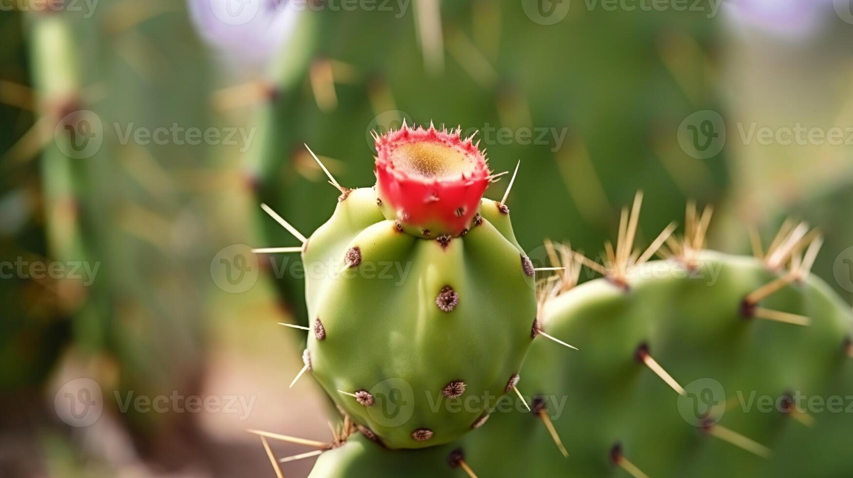 Red cactus flower fruit close up Prickly pear, Opuntia. Natural plant background, copy space, botanical and exotic food photo