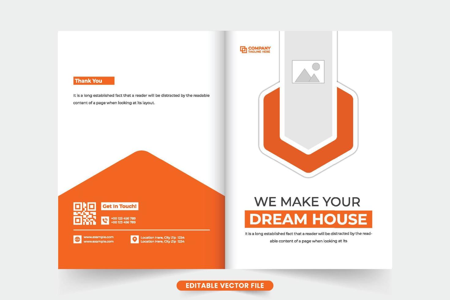 Creative real estate magazine cover template design with orange and dark colors. Modern home selling business booklet cover vector with photo placeholders. House sale brochure cover template design.