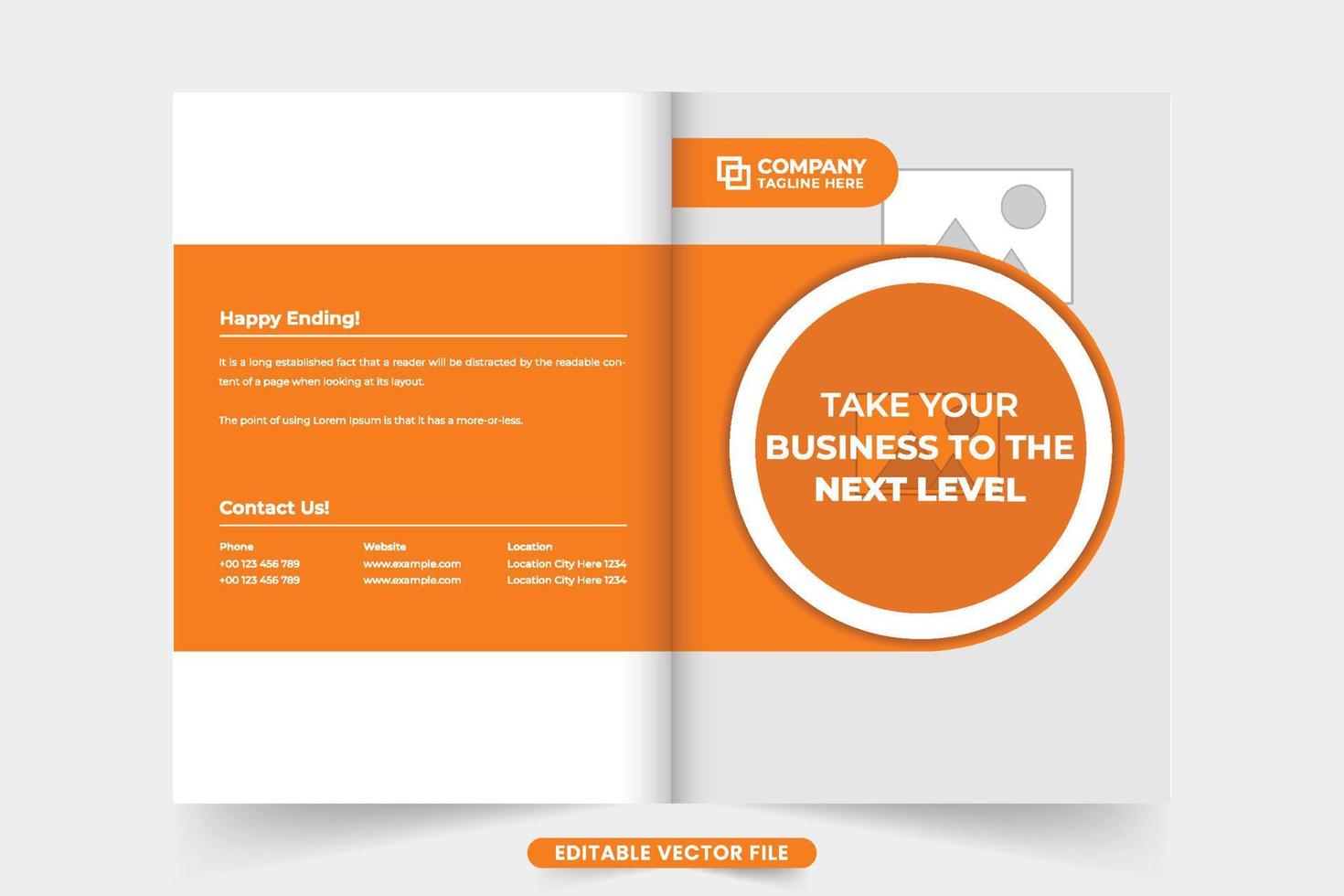 Modern business promotional brochure cover template vector. Company profile and magazine cover template design with orange and dark colors. Business proposal and annual report cover template. vector