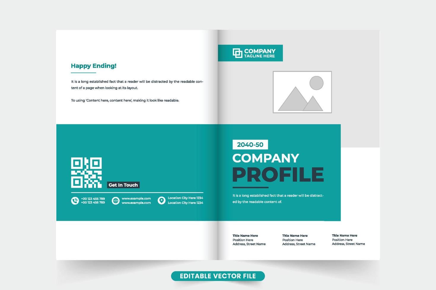 Creative company profile and magazine cover template with photo placeholders. Modern business promotion brochure cover vector with dark aqua and black colors. Corporate booklet cover design.