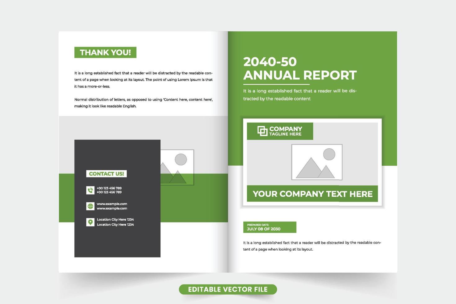 Business annual report and portfolio cover template vector with green and dark colors. Modern business overview and profile cover design with photo placeholders. Corporate magazine and booklet cover.