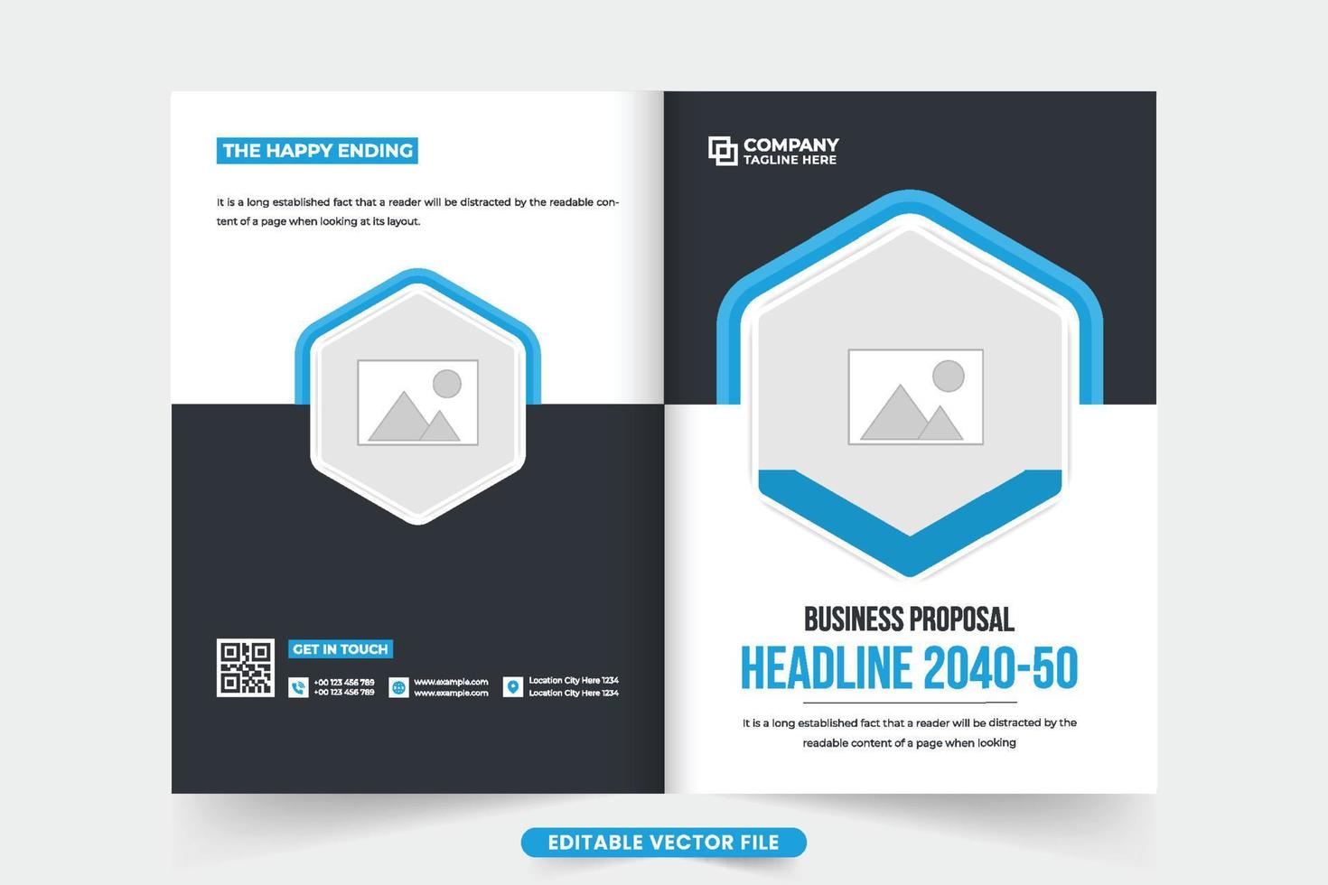 Modern business proposal portfolio cover design with dark and blue colors. Corporate company profile and magazine cover vector with photo placeholders. Business brochure and booklet cover design.