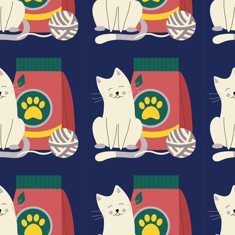 modelo con comida para animales, gatos, perros, pelotas de hilo juguete, mascota cuidado. vector