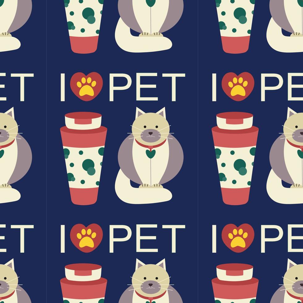 Pattern with a bottle of shampoo for animals, cats, dogs, and the text I love pet, pet care. vector