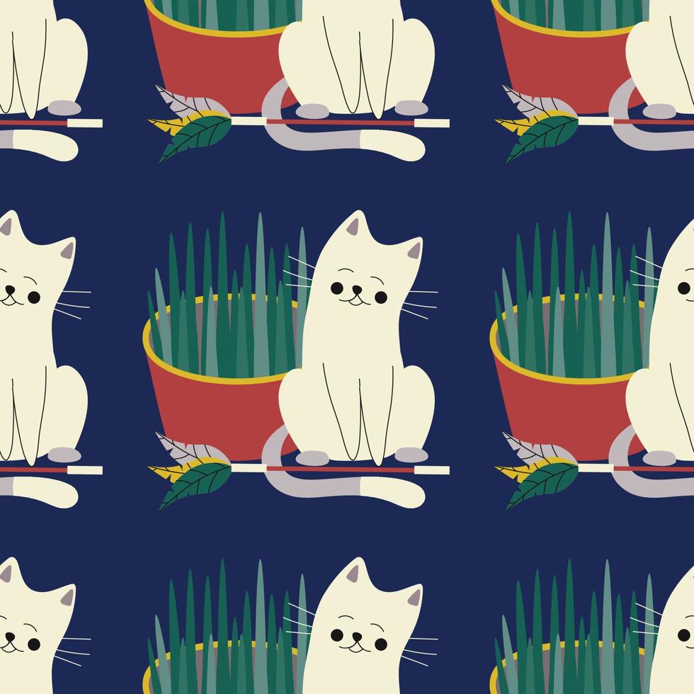 Grass pattern for animals, cats, dogs, toy with feathers on a stick, pet care. vector