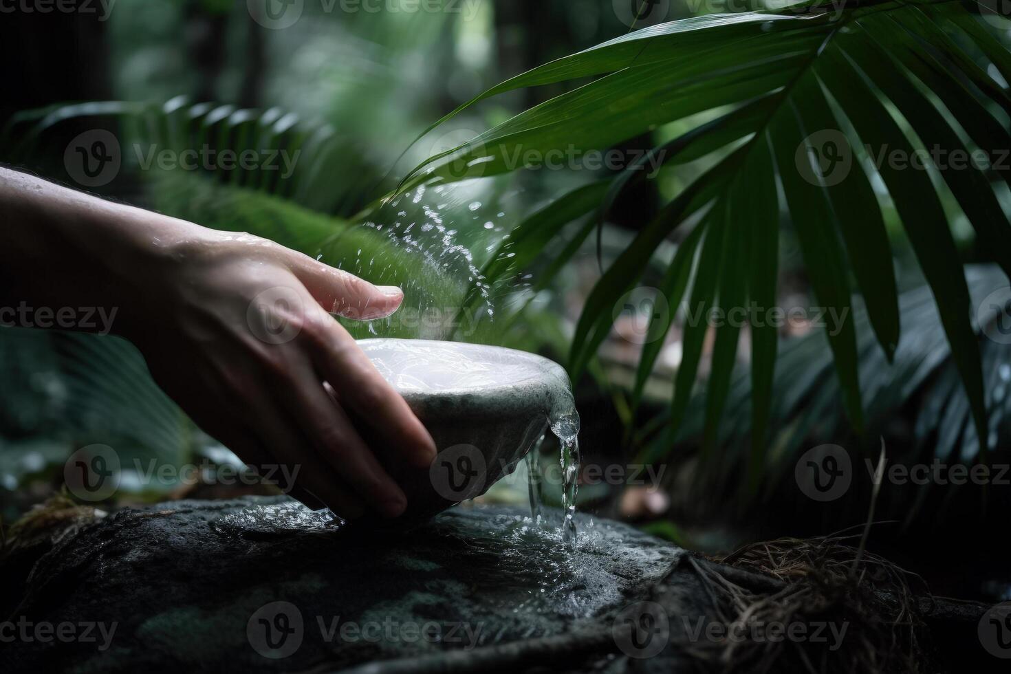 moisturizing the skin jungle tropical water, wash hand in a bowl of water photo