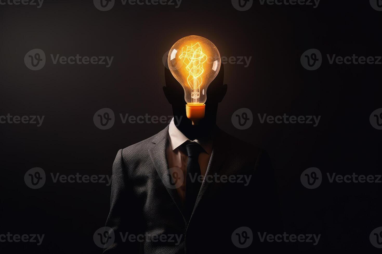 creative business idea, man with black suit and yellow bulb lamp head photo