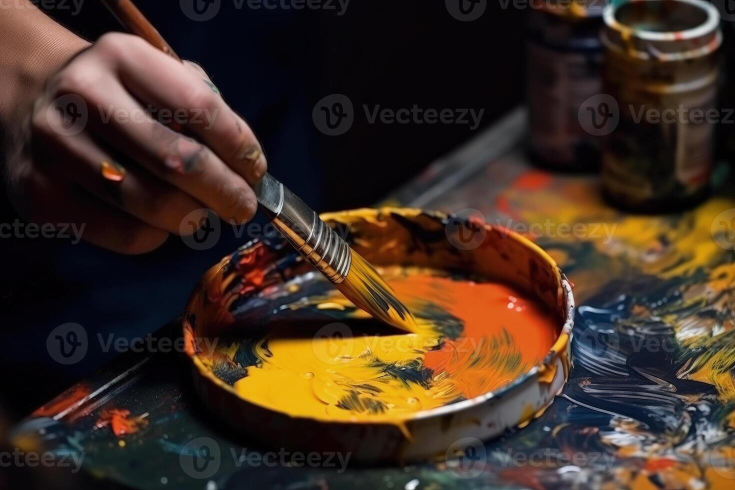 hand artist dips brush into paint photo