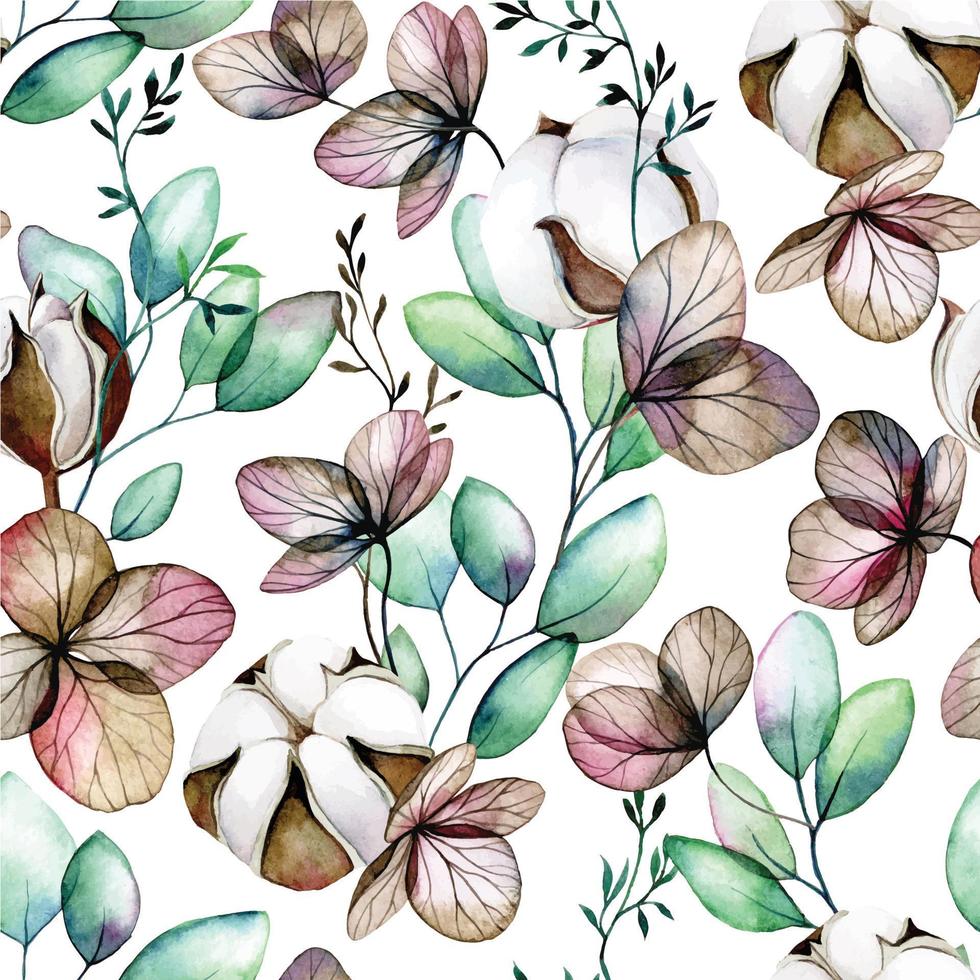 watercolor seamless pattern with cotton flowers, dry hydrangea flowers and eucalyptus leaves on a white background vector