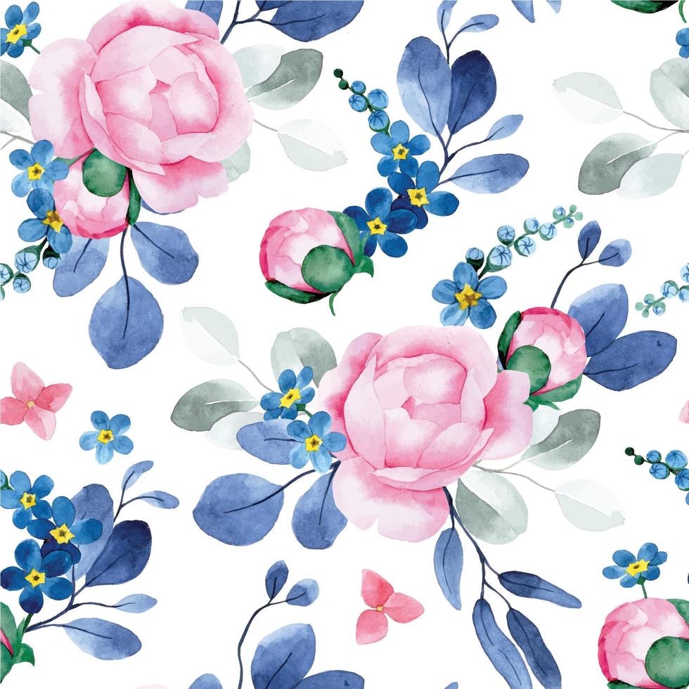 watercolor seamless pattern with vintage peony flowers and eucalyptus leaves vector