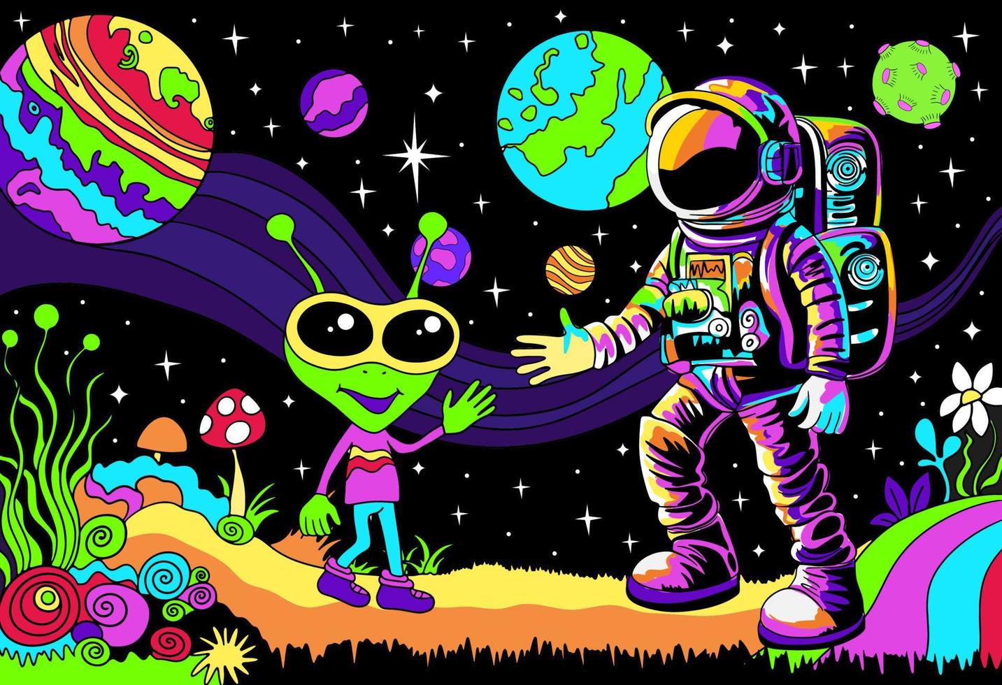 Meeting of astronaut and alien. Psychedelic landscape. Space exploring cartoon banner vector
