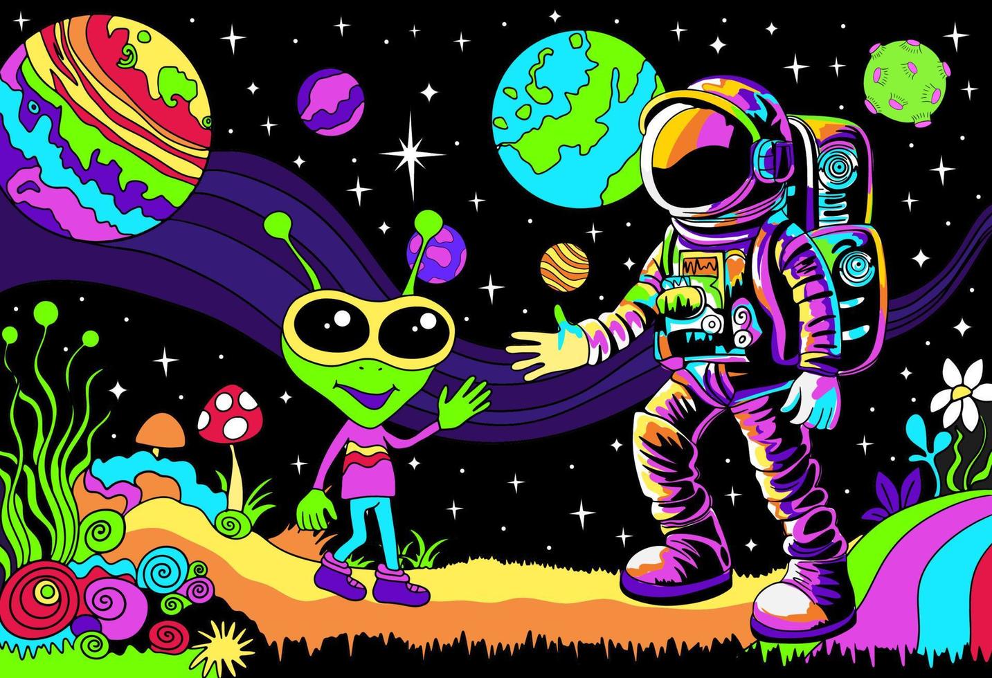 reunión de astronauta y extraterrestre. psicodélico paisaje. espacio explorador dibujos animados bandera vector