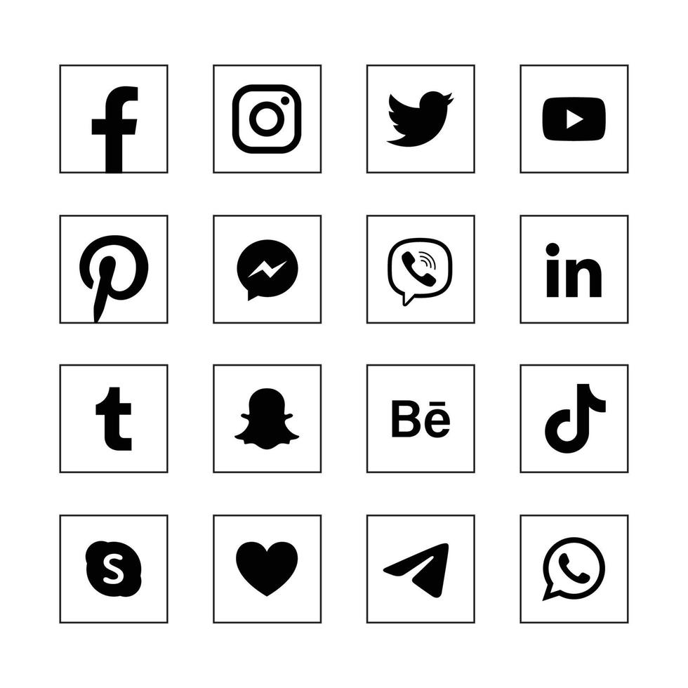 set of black social media icons in white square background vector