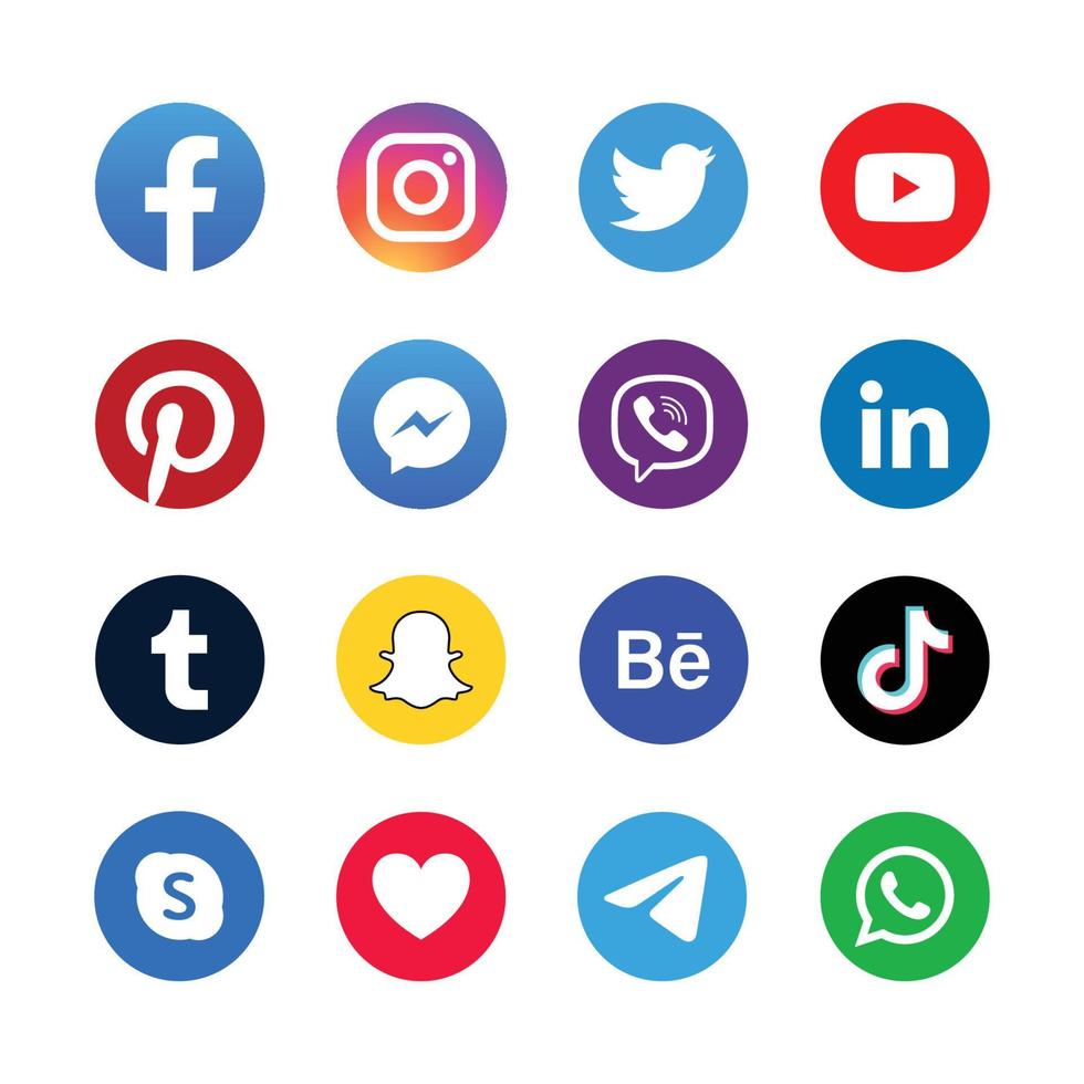 set of popular social media icons in round colored background vector