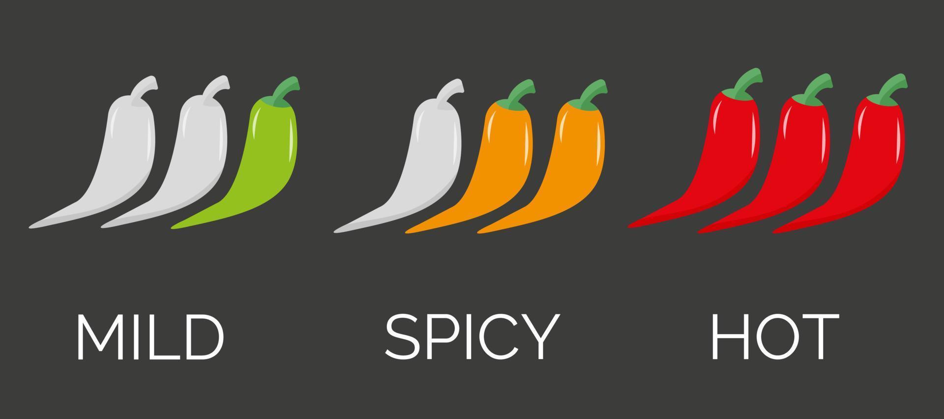 Labels of the level of hot pepper in food. Hot, spicy and mild icon with red, yellow and green chilli peppers. Vector illustration