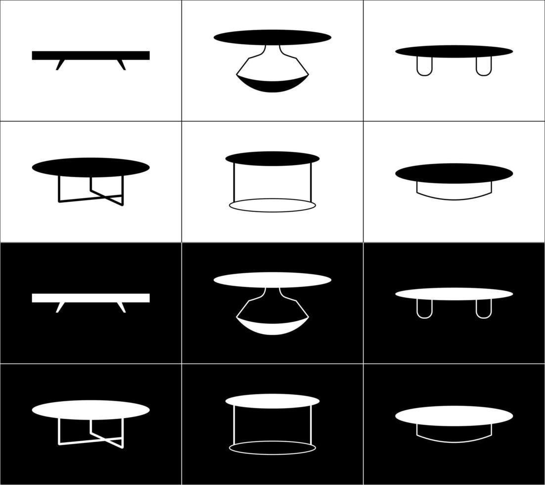 Coffee table icons set on black and white background. Furniture outline icons set. vector