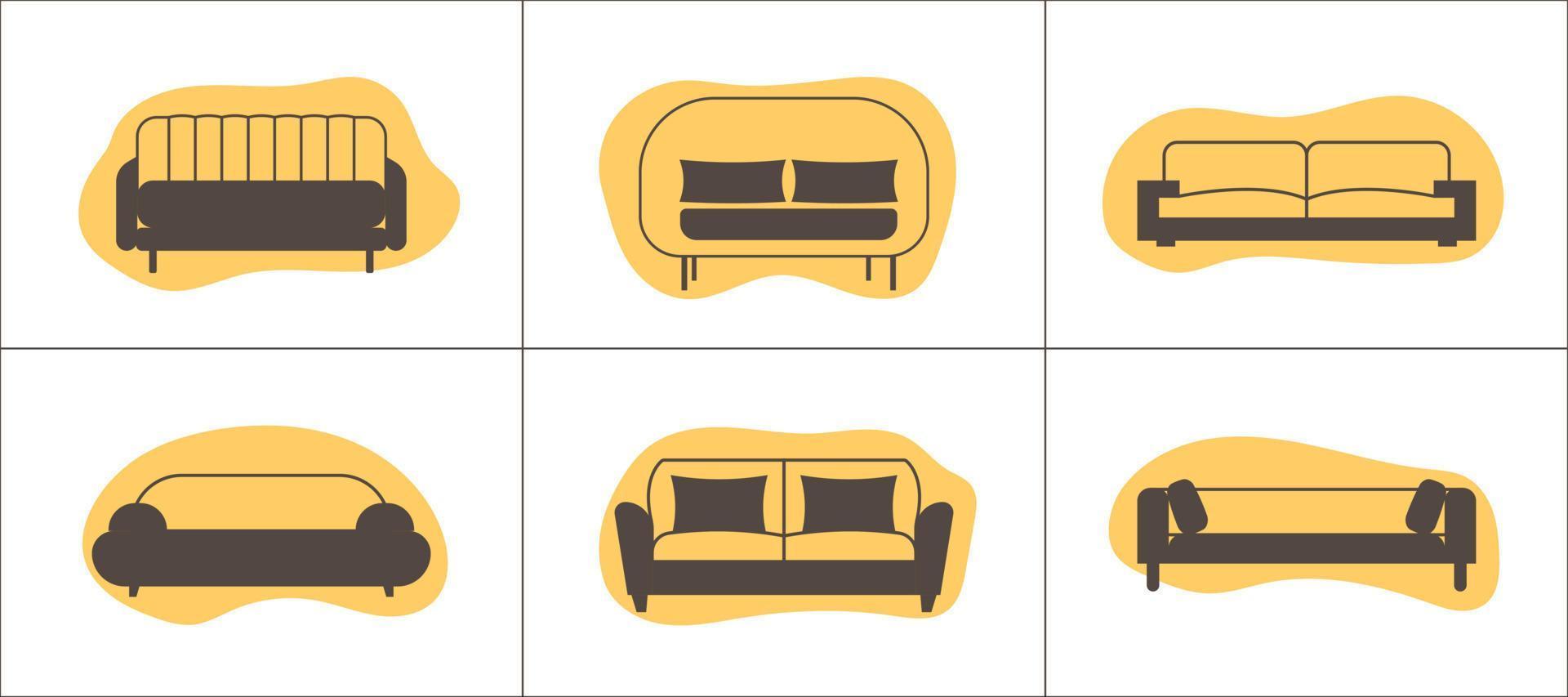 sofá íconos conjunto en plano estilo. mueble íconos en resumen formas antecedentes. vector
