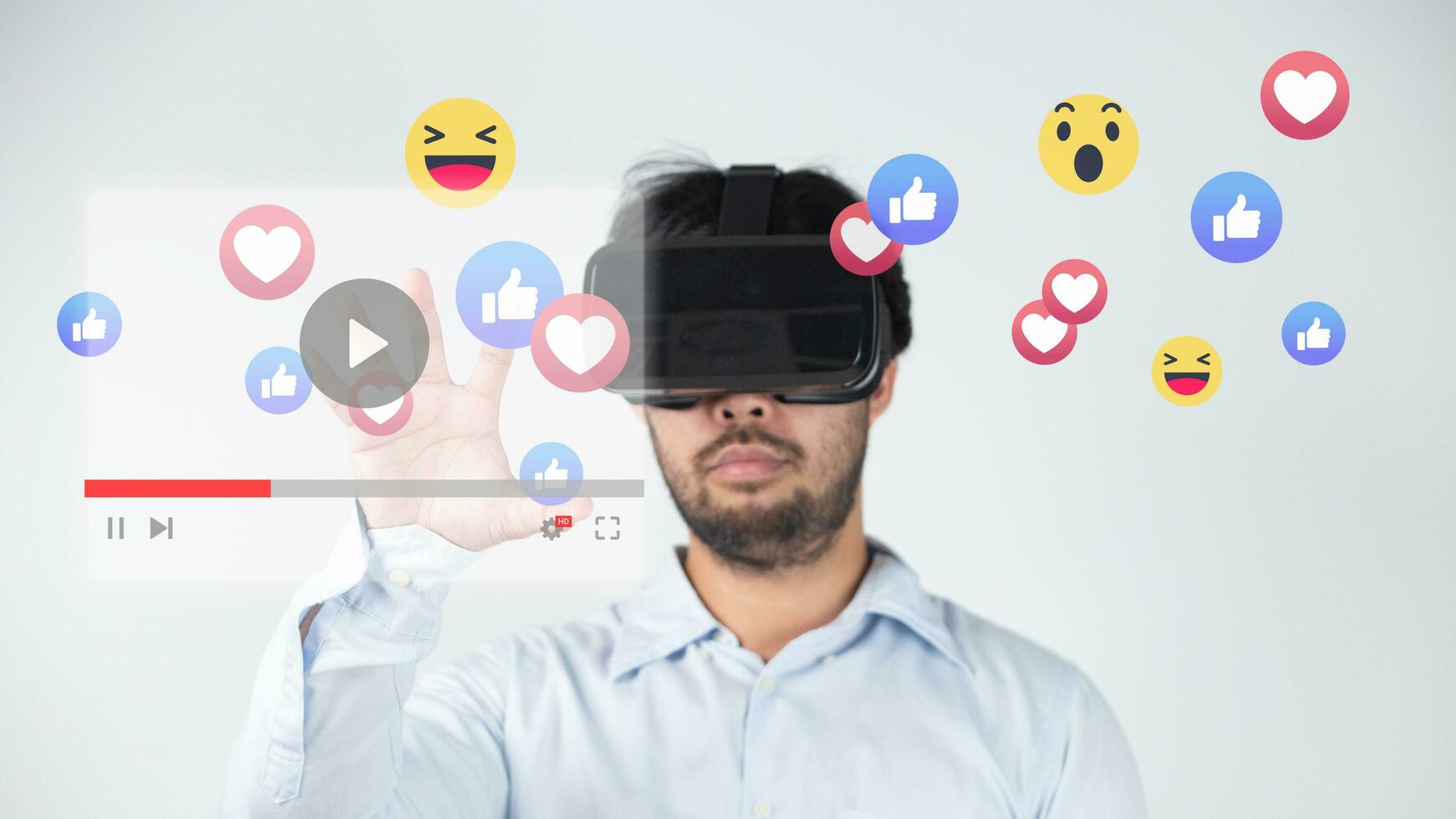 Young man using virtual reality headset or 3d glasses and touch media with social media against white background with vignette photo