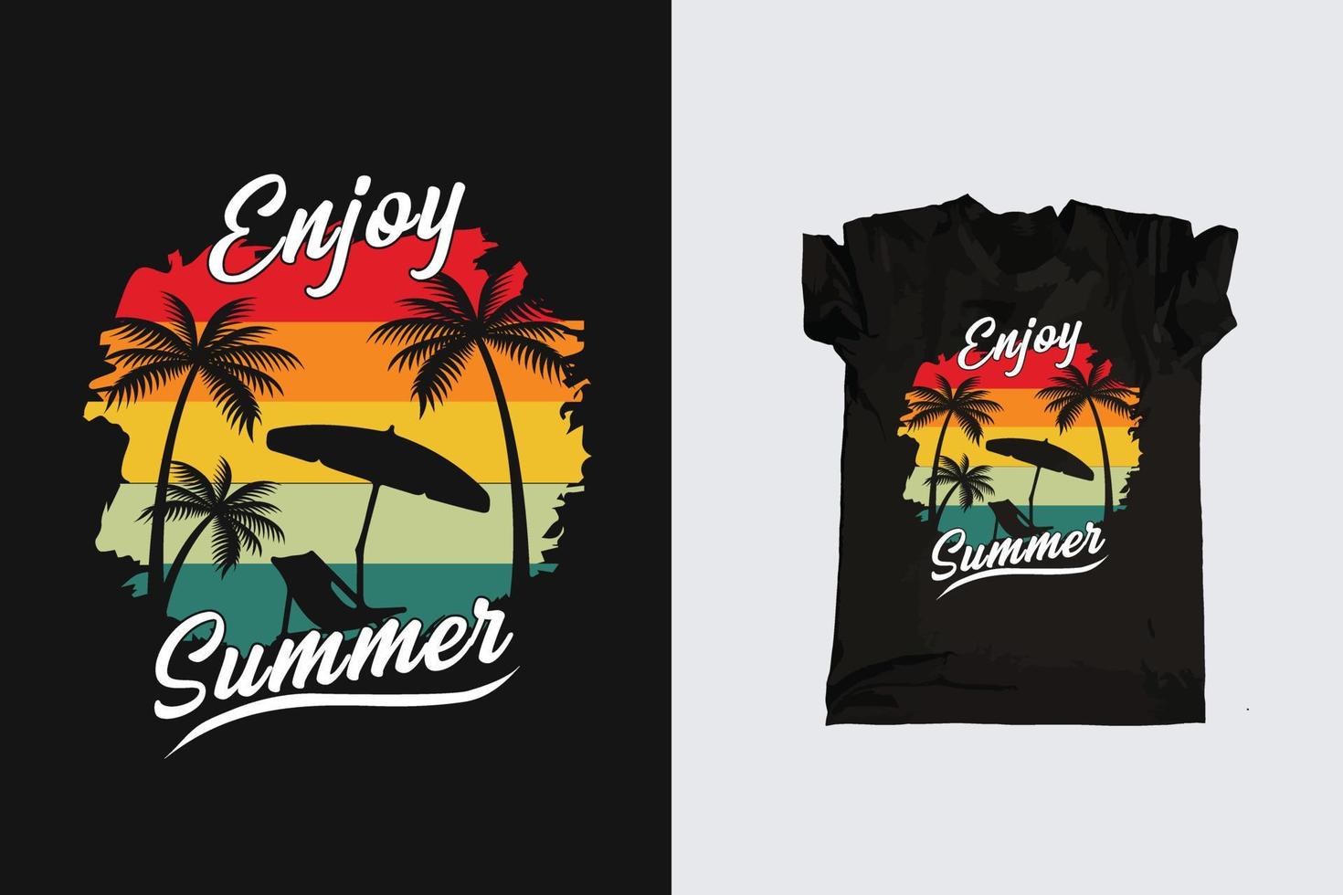 Clásico retro puesta de sol verano playa camiseta diseño para verano vibraciones solo, California playa disfrutar verano con palma arboles silla de cubierta paraguas camiseta gráficos bandera, póster, volantes vector ilustración