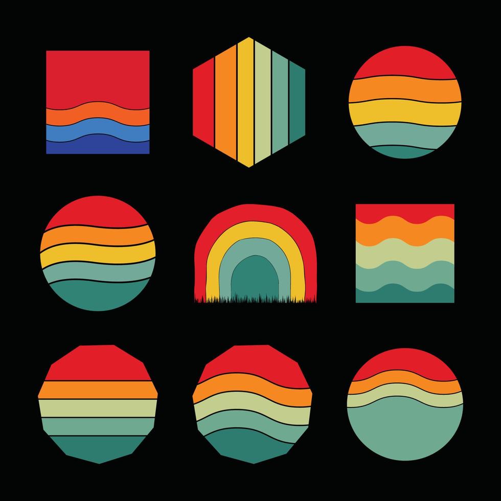 conjunto de Clásico retro puesta de sol ilustraciones vector fondo, 70s Años 80 antiguo color, diferente forma retro puesta de sol estilo colección diseño elemento para pegatina, logo, icono, camiseta, pancartas, huellas dactilares.